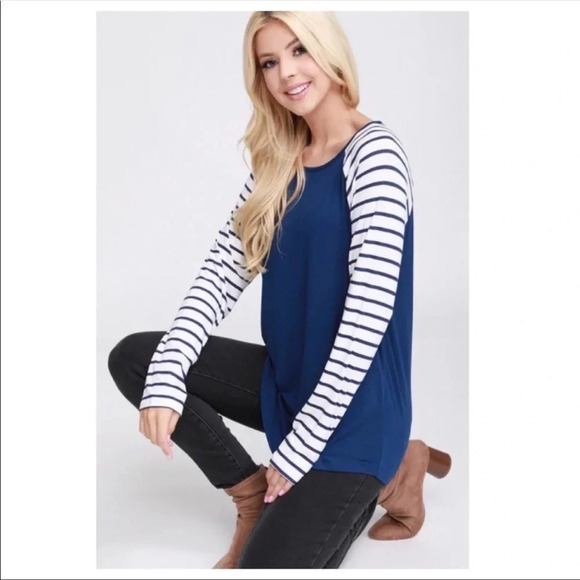 Blue Raglan Long Sleeve Striped Top | Casual Soft Fall Shirt - Picture 2 of 8